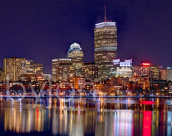 Boston Back Bay Skyline NIGHT 2017 Charles River Panoramic Photo Poster Cityscape Print