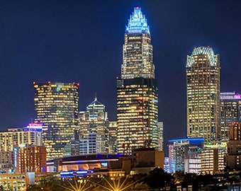 CANVAS Charlotte Skyline 2019 at NIGHT Color or BW Downtown Panoramic Photo Cityscape Print