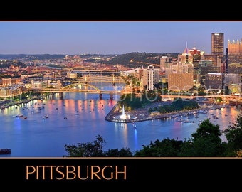 Pittsburgh Skyline at Dusk Sunset BORDERED COLOR or BW Panoramic Photo Poster Cityscape Print