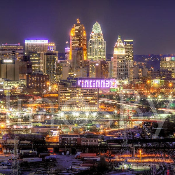 Cincinnati Skyline Evening NIGHT from West Panoramic Photo Print Cityscape Cincy Picture