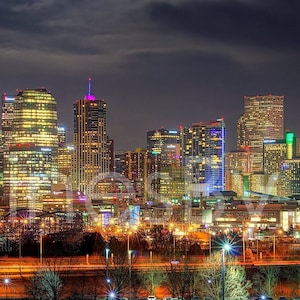 Denver Skyline NIGHT Broncos Panoramic Photo Poster Cityscape Colorado
