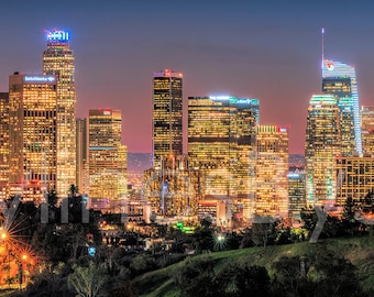 Los Angeles LA Skyline 2019 Dusk Panoramic Photo Poster Cityscape Downtown Print from Elysian Park