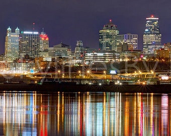 Kansas City Skyline 2019 NIGHT KC Panoramic Print Panorama Photo Poster Cityscape Downtown Print Chiefs Red ChiefsKingdom