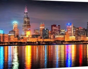 CANVAS Chicago Skyline 2021 at NIGHT Panoramic Print Panorama Photo Picture