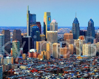 Philadelphia Skyline 2018 Dusk Aerial View COLOR PHILLY Panoramic Photo Poster Print Cityscape Downtown from South Helicopter