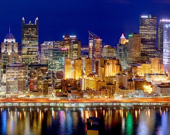 CANVAS Pittsburgh Skyline at Night  2017 BORDERLESS COLOR or Bw Panoramic Photo Cityscape Print