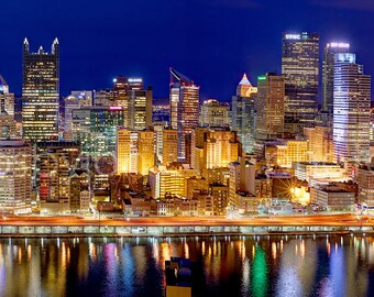 Pittsburgh Skyline at Night  2017 BORDERLESS COLOR or BW Panoramic Photo Poster Cityscape Print