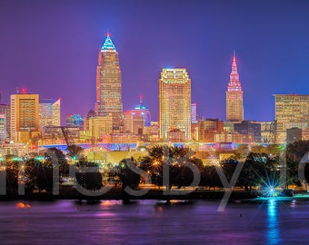 Cleveland Skyline 2018 NIGHT Panoramic Photo Poster Cityscape Downtown Print from Edgewater