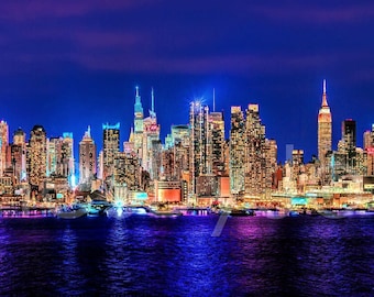 New York City NYC 2022 Skyline NIGHT Midtown Manhattan Panoramic Photo Poster Cityscape Print