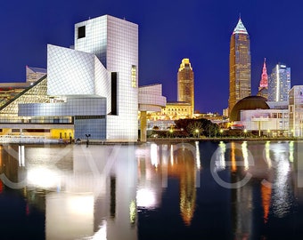 Cleveland Skyline at Dusk Panoramic Print Panorama Photographic Poster Picture Rock Roll Hall Fame