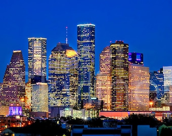 Houston Skyline Night Panoramic Photo Poster Cityscape Downtown Print