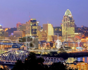 CANVAS Cincinnati Skyline Cincy DUSK Panoramic Photo Print Cityscape Picture