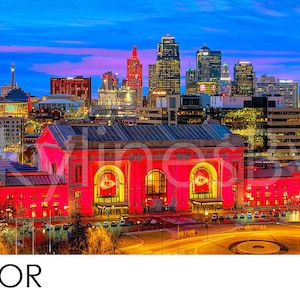 Kansas City KC Skyline Dusk Panoramic Photo Poster Cityscape Downtown Print Chiefs Red ChiefsKingdom