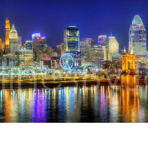 Cincinnati Skyline Evening NIGHT River Panoramic Photo Print Cityscape Cincy Picture