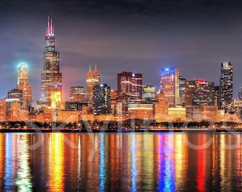 Chicago Skyline 2021 at NIGHT Panoramic Print Panorama Poster Photo Print