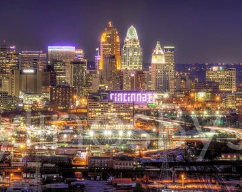 Cincinnati Skyline Evening NIGHT from West Panoramic Photo Print Cityscape Cincy Picture