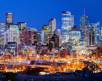 Denver Skyline DUSK Broncos Panoramic Photo Print Poster Cityscape Colorado Speer Bridge