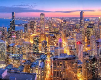 Chicago Skyline 2021 DUSK From Hancock Observation Panoramic Photo Print Poster Cityscape