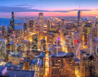 Chicago Skyline 2021 DUSK From Hancock Observation Panoramic Photo Print Poster Cityscape