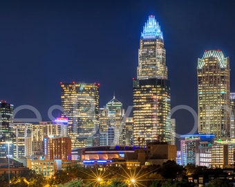 Charlotte Skyline 2019 at NIGHT Color or BW Downtown Panoramic Canvas Photo Print Poster Cityscape Print