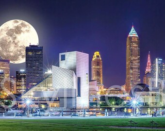 Cleveland Skyline 2019 NIGHT Moon Rock Hall Browns Stadium Panoramic Photo Poster Cityscape Downtown Print