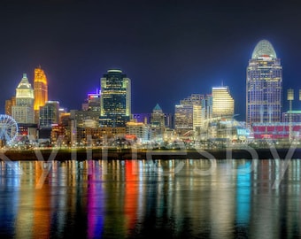 Cincinnati Skyline NIGHT River Panoramic Photo Print Cityscape Cincy Picture