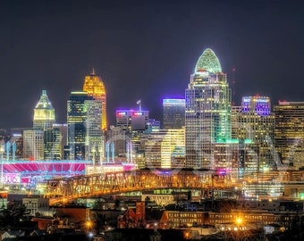 Cincinnati Skyline Evening NIGHT from SE Panoramic Photo Print Cityscape Cincy Picture