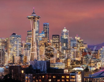 Seattle Skyline 2020 DUSK Rainier Panoramic Photo Poster Cityscape Canvas