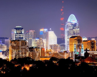 Cincinnati Skyline NIGHT Panoramic Photo Print Cityscape Cincy Picture