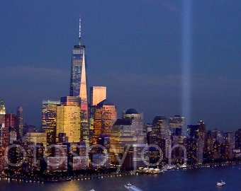 New York City NYC Skyline DUSK 2014 Tribute in Lights Lower Manhattan Panoramic Photo Poster Cityscape