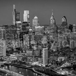 Philadelphia Philly 2019 Skyline NIGHT Photo Poster Cityscape Downtown Print Aerial B&W