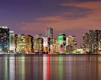 CANVAS Miami Skyline NIGHT Dusk Panoramic Downtown Photo Print Cityscape