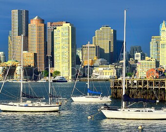 CANVAS Boston Skyline Early Morning Boston Harbor Sail Boats Sailboats Panoramic Photo Cityscape