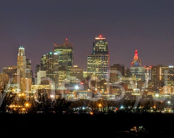 Kansas City KC Skyline NIGHT from North Panoramic Photo Poster Cityscape Downtown Print Chiefs Red ChiefsKingdom