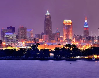 Cleveland Skyline at NIGHT Panoramic Print Panorama Photographic Poster Picture