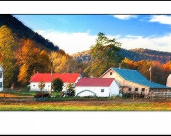 New England Farm - 12 x 36 Photographic Panorama Print - Fall in Vermont