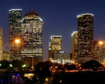 Houston Skyline at NIGHT Panoramic Print Panorama Poster Photo Picture