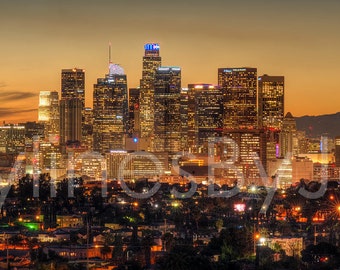 Los Angeles LA Skyline Dusk Panoramic Photo Poster Cityscape Downtown Print from East