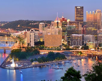 CANVAS Pittsburgh Skyline at Dusk Sunset BORDERLESS COLOR or Bw Panoramic Photo Cityscape