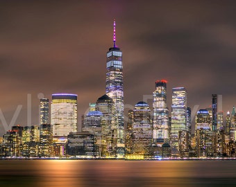 New York City NYC 2022 Skyline NIGHT Lower Manhattan Panoramic Photo Poster Cityscape Print