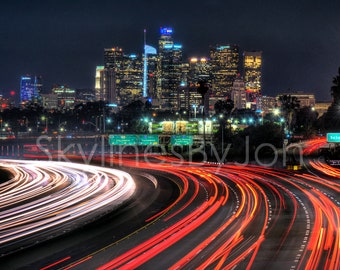 Los Angeles Skyline NIGHT from East LA Downtown Photo Poster Cityscape Canvas - car light trails