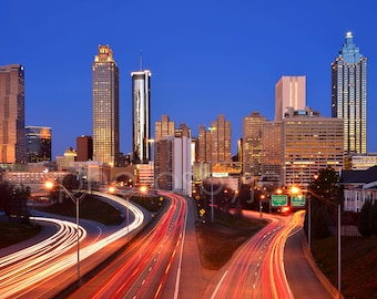 CANVAS Atlanta Skyline at DAWN Color or BW Downtown Panoramic Photo Cityscape Print