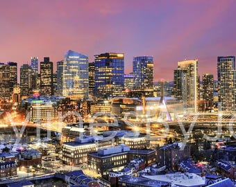 Boston Skyline 2018 Dusk Color or BW Panoramic Photo Poster Cityscape Print