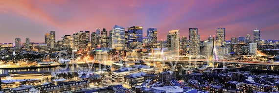 Boston Skyline 2018 Dusk Color or BW Panoramic Photo Poster Cityscape Print