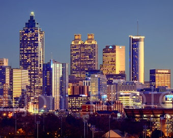 CANVAS Atlanta Skyline at Dusk Color or BW Downtown Panoramic Photo Print Cityscape