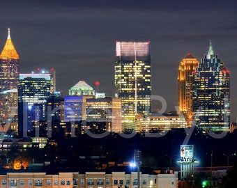 Atlanta Skyline at Night Color or BW Downtown Midtown Panoramic Photo Poster Cityscape Print