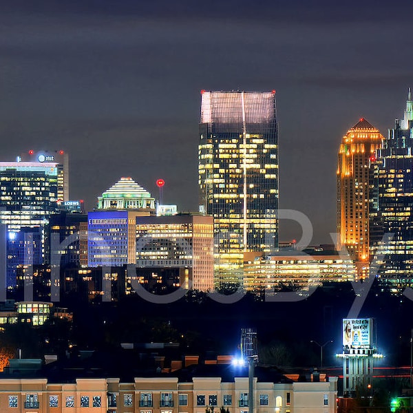 Atlanta Skyline at Night Color or BW Downtown Midtown Panoramic Photo Poster Cityscape Print