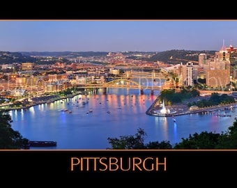 CANVAS Pittsburgh Skyline at Dusk Sunset BORDERED COLOR or Bw Panoramic Photo Cityscape Print