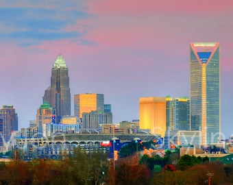 CANVAS Charlotte Skyline at Dusk Color or BW Downtown Panoramic Photo Cityscape Print