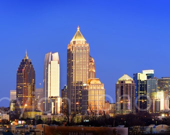 Atlanta Skyline at Dusk Color or BW Midtown Panoramic Photo Print Poster Cityscape Picture